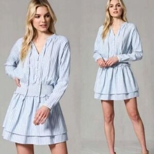 Fate Blue and White Striped Linen Blend Smocked Button Top Long Sleeve Dress S